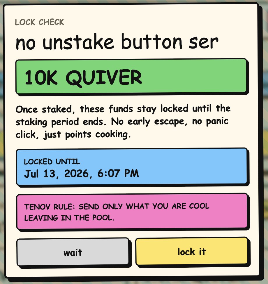 quiverwtf's tweet photo. Quiver update:

we added da popup before staking

before u press da stek buton, u see da lock rule

once u stake, tokenz stay locked until pool endz

total pool pointz calculated at da end

but ur own pointz can be checked anytime

mek peepol stek agen https://t.co/sWKvCJFwXM