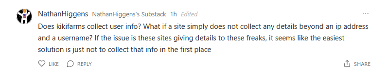 Visceral_Gloom's tweet photo. Yes Nathan, Josh could simply not collect user info on the Kiwi Farms and all of his users would be safe. But he won't do that, and he won't say why. https://t.co/BeJLhFyZQc