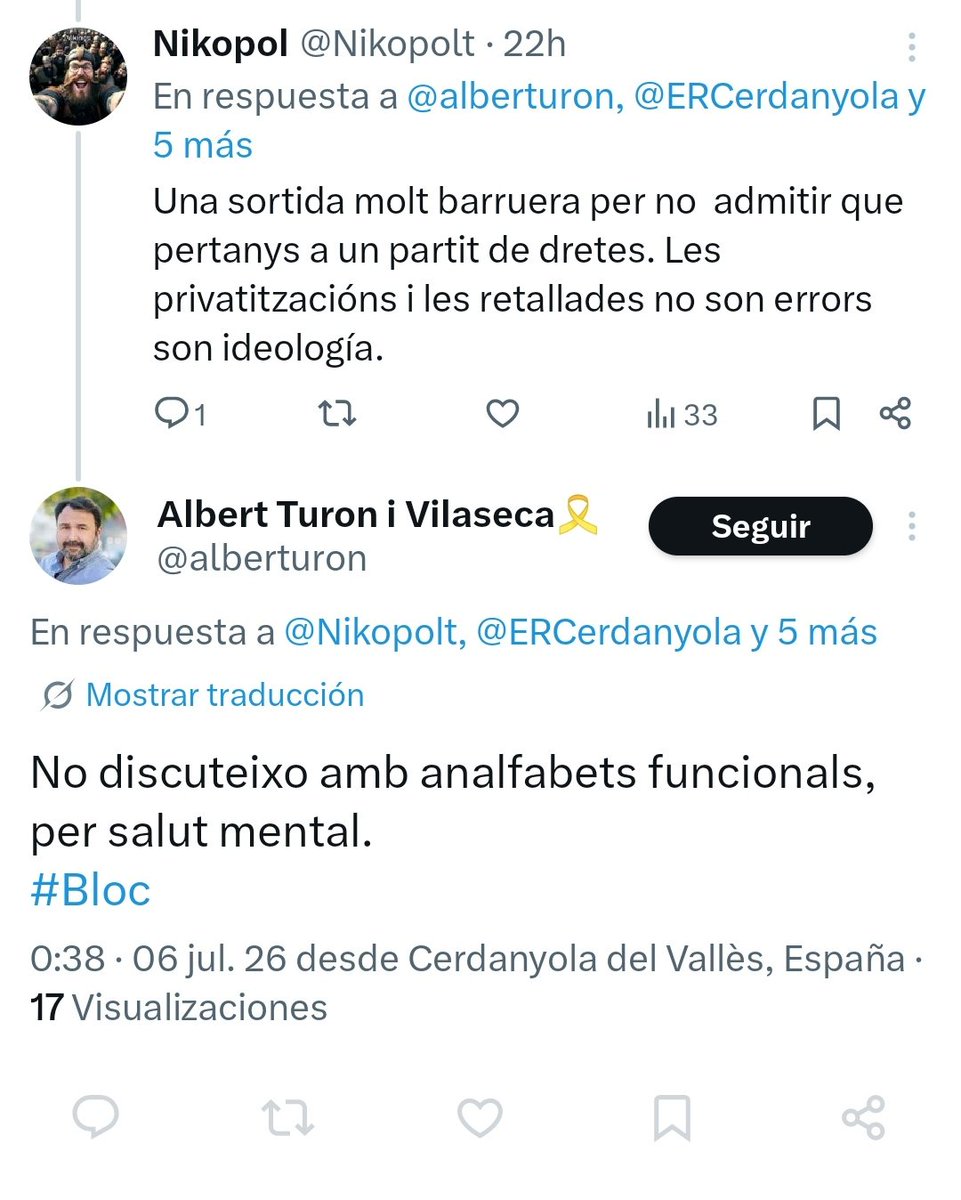 Nikopolt's tweet photo. Aquestes son les formes i la solució del carrec electe de Cerdanyola del Vallès per ERC  quan es queda sense arguments: Insult a un ciutadá i bloc covard.
Aquest es el nivell.....
@ERCerdanyola 
@Cerdanyola https://t.co/UEK1wD6HqP