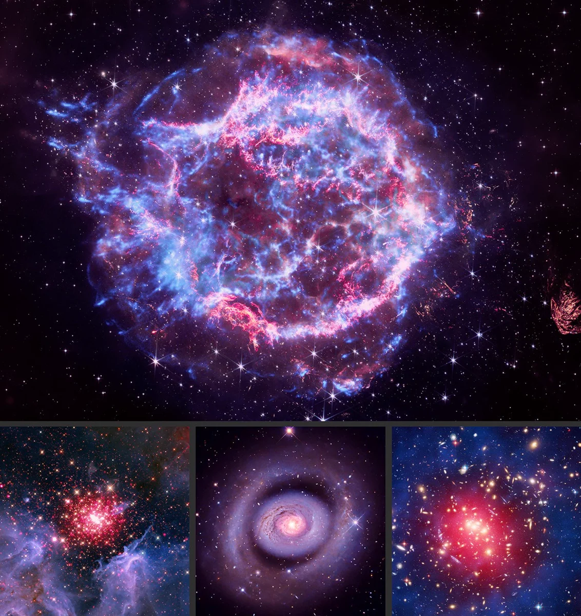 A collection of four photos of the cosmos in red, white, and blue colors. The top photo, Cassiopeia A, is a burst of bright gas, the colors forming erratic streaks that appear to extend from their center. The bottom-left photo, NGC 3603, is a cluster of red stars framed by blobs of ghostly gas. The bottom-middle photo, Messier 94, is a swirling spiral galaxy shown face-on. The bottom-right photo, a galaxy cluster, shows many distant galaxies warped around the photo's center. Credit: NASA/CXC/SAO