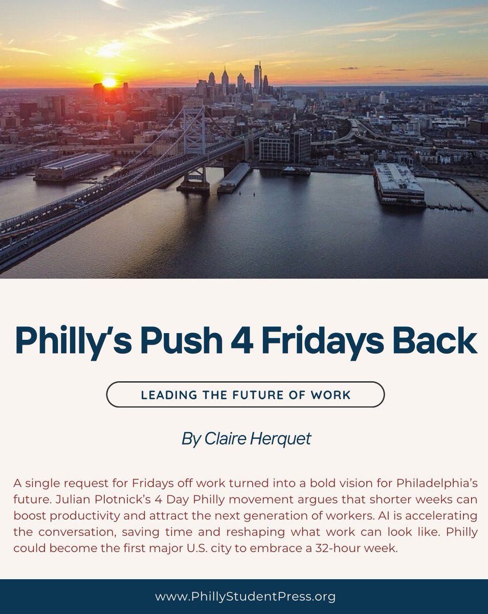 pspapress's tweet photo. Philly has always worked hard. A 32-hour week isn’t a dream; it’s a strategy reshaping boardrooms, campuses and conversations across the city. AI pilots show real time savings, and students are already demanding better balance. The future of work might start right here.

#PSPA https://t.co/myh5n1G74r