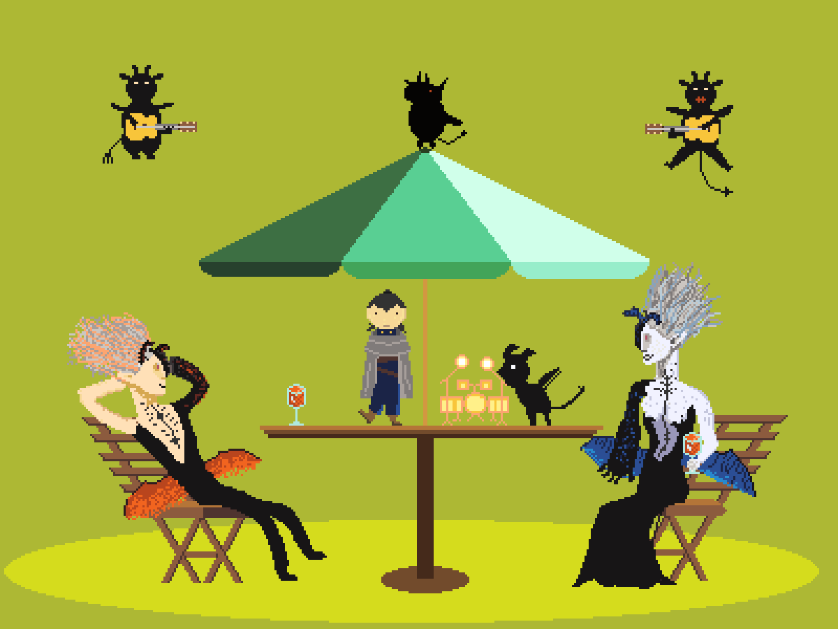 quanarri's tweet photo. Summer. Nahema and Lilith are relaxing while the Bremen Town Musicians entertain them. #pixelart #blackClover #ブラッククローバー #devils #nahamah #lilith #plumede #walgner #slotos #nacht #gimodelo https://t.co/8EWohlJQud