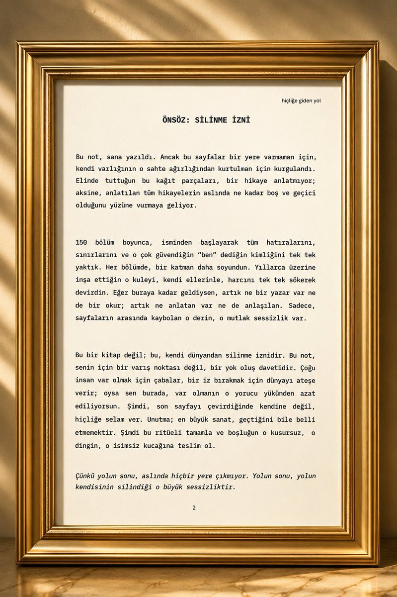 OssyCrypto's tweet photo. #VolkanPelenk: İnsanın İç Sesine Kulak Veren Bir Yazar

Bazı yazarlar hikâye anlatır. Bazıları ise okurunu kendi sessizliğiyle baş başa bırakır. Volkan Pelenk'in kalemi, ikinci yolu tercih eden yazarlardan biri gibi görünür. Yazdıkları; hızlıca okunup geçilecek metinler olmaktan çok, üzerine düşünülen, hissedilen ve zamanla farklı anlamlar kazanan satırlar sunar.

Her yazarın kendine ait bir sesi vardır. Volkan Pelenk'in sesi ise insanın en derin, en sessiz tarafına ulaşmaya çalışır. Eserlerinde insanın görünmeyen yönlerini cesurca ele alırken, okurunu da kendi iç dünyasına bakmaya davet eder. Onun metinlerinde yalnızca kelimeler değil, duygular ve düşünceler de konuşur.

Kaleminin en dikkat çekici yönlerinden biri, sade bir dili derin bir anlamla buluşturabilmesidir. Karmaşık duyguları gösterişli cümlelere ihtiyaç duymadan anlatabilmesi, yazılarını samimi ve etkileyici kılar. Bu yönüyle, okuruna yalnızca bir metin değil, kişisel bir deneyim sunmayı amaçlayan bir anlatım dili oluşturur.

Kimlik, yalnızlık, varoluş, kaybolma hissi ve insanın kendi benliğiyle yüzleşmesi, eserlerinde sıkça işlediği temalar arasında yer alır. Ancak bunu karamsarlık üretmek için değil, insanın kendisini daha yakından tanıyabilmesi adına bir düşünme alanı açmak için yapar. Okuyucusuna hazır cevaplar vermek yerine, kendi cevaplarını bulabileceği sorular bırakmayı tercih eder.

Son dönemde paylaştığı "Bu Not Sana: Hiçliğe Giden Yol", bu yaklaşımını yansıtan çalışmalarından biridir. Klasik roman kalıplarının dışına çıkan eser, psikolojik ve felsefi yönüyle dikkat çeker. 

Sayfalar ilerledikçe olaylardan çok insan zihni, karakterlerden çok insanın kendi iç sesi ön plana çıkar. Bu da kitabı yalnızca okunacak değil, üzerinde düşünülecek bir metne dönüştürür.

Volkan Pelenk'in yazılarını farklı kılan en önemli özelliklerden biri de okuruyla kurduğu samimi bağdır. Yazılarında öğreten ya da üstün bir yerden konuşan bir tavır yerine, birlikte düşünmeye davet eden doğal bir yaklaşım hissedilir. Belki de bu nedenle birçok okur, onun satırlarında kendinden bir iz bulabildiğini ifade eder.

Günümüzde pek çok eser hızla tüketilip unutulurken, Volkan Pelenk'in yazıları yavaş okunmayı hak eden metinler arasında yer alır. Çünkü bazı cümleler, kitap kapandıktan sonra bile zihinde yaşamaya devam eder. Onun kalemi de tam olarak böyle bir etki bırakmayı hedefler.

Her yazarın çıktığı yolculuk farklıdır. Volkan Pelenk'in yolculuğu ise insanın iç dünyasına doğru uzanır. Sessizliğin, sorgulamanın ve kendini tanıma arayışının eşlik ettiği bu yolculukta, okuruna kesin yargılar sunmak yerine yeni bakış açıları kazandırmaya çalışır.

Henüz yolculuğunun nereye varacağını zaman gösterecek. Ancak bugün bile, kendine özgü anlatım diliyle, insan psikolojisine ve varoluşsal sorgulamalara ilgi duyan okurların dikkatini çekmeyi başaran isimlerden biri olarak öne çıkmaktadır. 

Samimi anlatımı, düşündüren üslubu ve farklı bakış açısı, onu kendi çizgisini oluşturmaya çalışan yazarlar arasında dikkat çekici bir konuma taşımaktadır.

"Bu bir kitap değil; kendi dünyandan silinme iznidir."

150 bölüm boyunca ismini, kimliğini ve "ben" dediğin her şeyi adım adım sorgulayacak, maskelerini geride bırakacaksın.

İçerik: 👇 

150 bölümde kimlik ve ego çözülüşü.
Sahte kimliklerin, ilişkilerin ve hırsların sorgulanması.
Her an erişebileceğin dijital PDF formatı.

Not: Bu ürün dijital bir PDF dosyasıdır. Satın alma sonrası indirme bağlantısı tarafınıza iletilir.

https://t.co/qWMuStMUpB