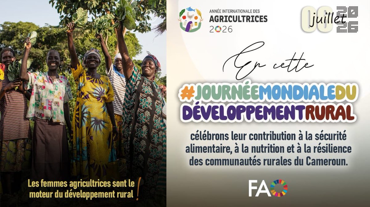 FAOCameroun's tweet photo. Le #DéveloppementRural est l’avenir de nos territoires.
👩🏾‍🌾Les femmes agricultrices, au cœur de la production et de la résilience, sont les héroïnes de cette transformation💪🏾✨
🎉Célébrons-les ensemble en cette #JournéeMondialeDuDéveloppementRural
#AnnéeDesAgricultrices
#IYWF2026 https://t.co/MTlMVx70dS