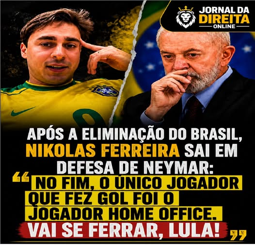 JornalBrasilOn2's tweet photo. “Eu vou falar o que todo mundo tá pensando, né? E se o Neymar estivesse desde o 1º tempo pra bater o pênalti, ele erraria? Amigo, não erraria, não. Não estou falando mal de quem errou, não; até mesmo só erra quem bate, mas a história podia ser diferente. No fim das contas, quem chamou a responsa para si foi o jogador home office, tá, Lula. Foi o jogador home office. Saímos cedo, muito cedo. Enfim, só quero mandar o Lula se ferrar mesmo”, declarou Nikolas