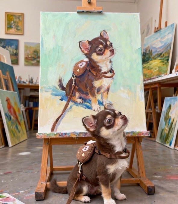 Puppieslover's tweet photo. A puppy standing next to his painting https://t.co/S8RaRCBgNQ