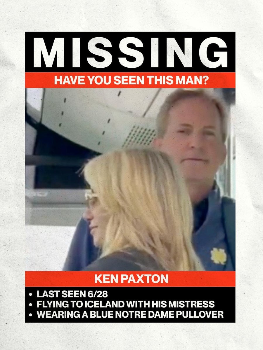 texasdemocrats's tweet photo. Has anyone seen our Attorney General? Last seen on a luxury European vacation while Texans struggle to afford groceries and gas. https://t.co/uJeIAe5DU3