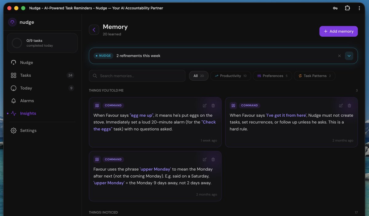 favor_gozie's tweet photo. Subtle difference between commands/custom instructions and memories on Nudge🙂‍↔️.  

@usenudgeai https://t.co/pD5XysfkVK