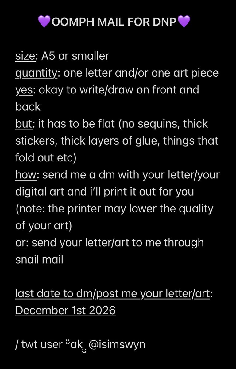 dnpiss's tweet photo. hi oomphs!
here’s some info regarding the oomph mail for dnp! don’t hesitate to ask if you have any further questions :) https://t.co/kzaRBDrSSF