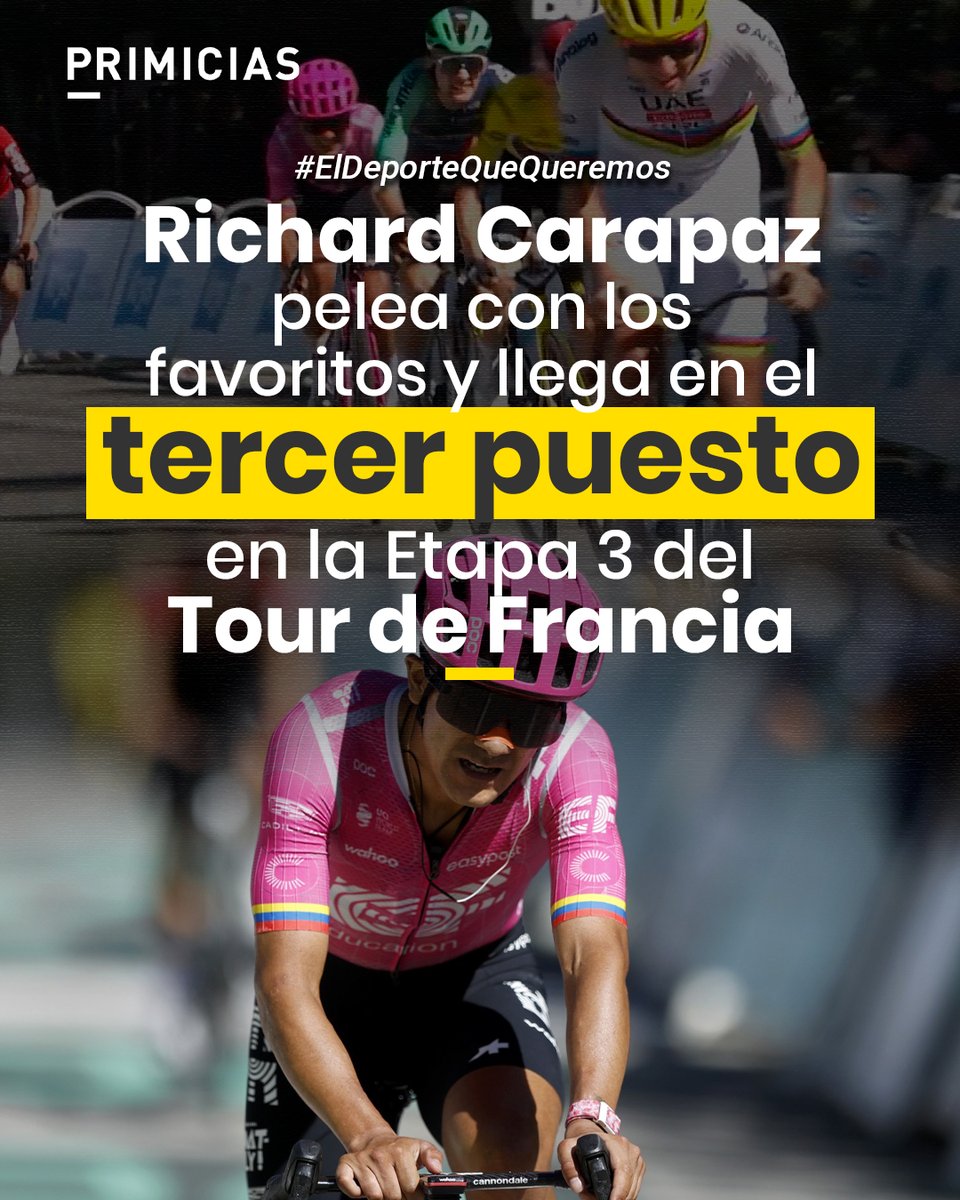 Primicias's tweet photo. El ecuatoriano Richard Carapaz llegó en la tercera posición, atras de los favoritos Tadej Pogacar y Jonas Vingegaard, en la Etapa 3 del Tour de Francia 2026.
https://t.co/9CaAT8AaU1

Un proyecto de @BancoPichincha https://t.co/pxtr0b41hH