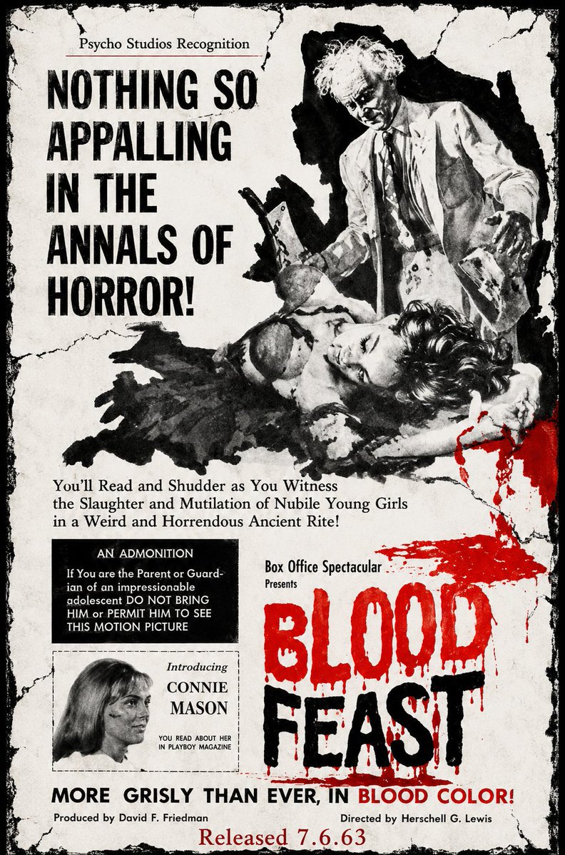 PsychoStudios21's tweet photo. Released on this date in 1963, Herschell Gordon Lewis' Blood Feast slammed into the big screen! The film is insane by any standards regardless of decade. Twisted, poorly acted, terrible dialogue & weak story. Film is must watch 60s fans!
#bloodfeast #horrormovies #psychostudios https://t.co/PQERLsHTCO