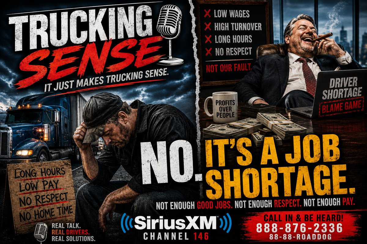 dr_phil_truckn's tweet photo. For almost 40 years we've been told trucking has a driver shortage.

Today we're gonna pressure-test that.
Because if there's been a shortage for four decades...

...why aren't drivers getting fought over?
Why isn't pay exploding?

Why are experienced drivers leaving while hundreds of thousands of new CDLs are issued every year?

Maybe...Just maybe...

There isn't a truck driver shortage.
There's a shortage of good jobs.
- shortage of fair pay.
-shortage of real benefits.
- shortage of respect.

A shortage of leaders willing to look in the mirror instead of blaming truckers.

Funny how "driver shortage" always seems to be the answer...

...but "be a better company" never makes the PowerPoint.

Let's make some people uncomfortable today.

📻 @TruckingSense 
LIVE | @SIRIUSXM  @RoadDogTrucking  | Channel 146
12–3 PM ET
☎️ 888-876-2336
Let's see if the narrative survives three hours of common sense.