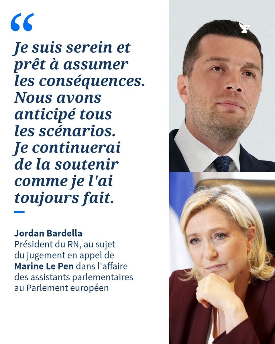 Le_Figaro's tweet photo. Le président du RN s'est dit lundi «serein et prêt à assumer les conséquences» du jugement de Marine Le Pen, qui pourrait le propulser candidat à la présidentielle. →https://t.co/S6Lj4fffCj https://t.co/S2l1ogarDg