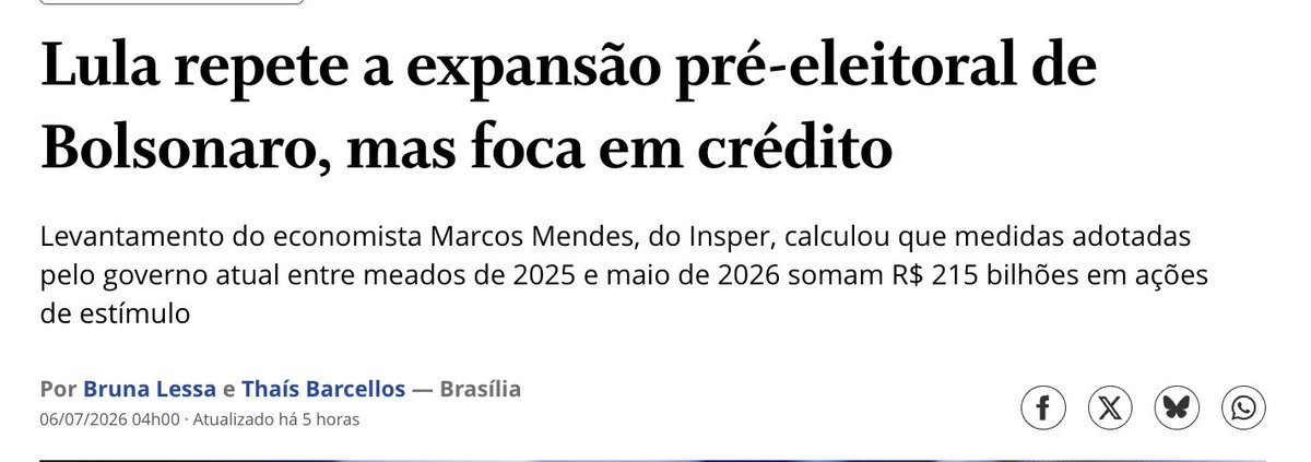 opapoeconomico's tweet photo. Marcos Mendes, do Insper, fez a conta: o governo Lula já anunciou R$ 215 bilhões em estímulos desde meados de 2025. Isenção de IR, Desenrola, Gás do Povo, Luz do Povo, crédito subsidiado. A PEC Kamikaze do Bolsonaro era R$ 41 bi e escandalizou todo mundo.

A diferença é o método. Bolsonaro gastou direto e furou o teto. Lula empacota tudo em crédito subsidiado que não entra no arcabouço fiscal. Do total, apenas 4% passa pelo teto de gastos. O resto é fundo extra-orçamentário e linha subsidiada que não aparece no resultado primário.

No fim, os dois aumentam a dívida pública, que é o termômetro real. O contorcionismo fiscal muda, o resultado não.