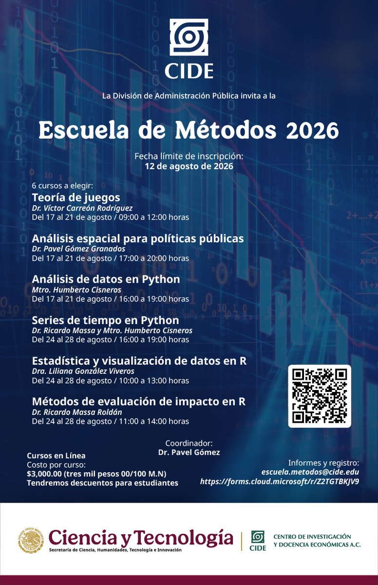 CIDE_MX's tweet photo. La @CIDE_DAP te invita a inscribirte a la Escuela de Métodos 2026, en la que se impartirán cursos sobre teoría de juegos, análisis espacial, Python y R.

¡Inscríbete antes del 12 de agosto de 2026!

ℹ️ Info: escuela.metodos@cide.edu
👉 Registro: https://t.co/C1Ox8L63p9

👇👇👇 https://t.co/Z3bzWLClgo