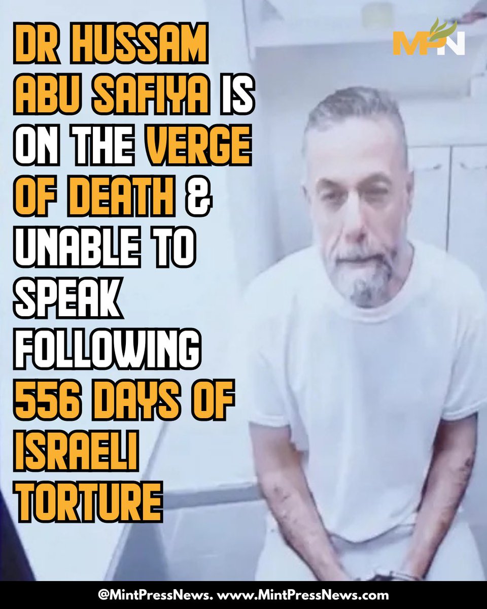 MintPressNews's tweet photo. 🚨Dr Hussam Abu Safiya Is In Life-Threatening Condition After Enduring Relentless Israeli Torture

Held captive without a charge for 556 days, the Palestinian doctor was taken hostage while performing his job as head of Kamal Adwan Hospital in Gaza.

He has since been tortured so heavily that he is currently unable to talk & is struggling to breathe. 

He has been kept in solitary confinement, beaten until his face was disfigured & subjected to all kinds of horrors according to the latest update provided by his son.