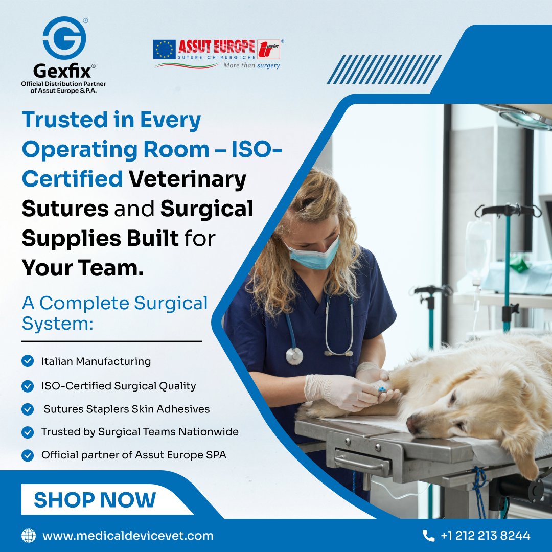 Gexfix_Assut's tweet photo. Our ISO-certified Italian veterinary sutures and surgical supplies are trusted in every operating room. Complete system of sutures, staplers and adhesives, official Assut Europe SpA partner. https://t.co/30XDowj59h https://t.co/h7vmNnG7xg