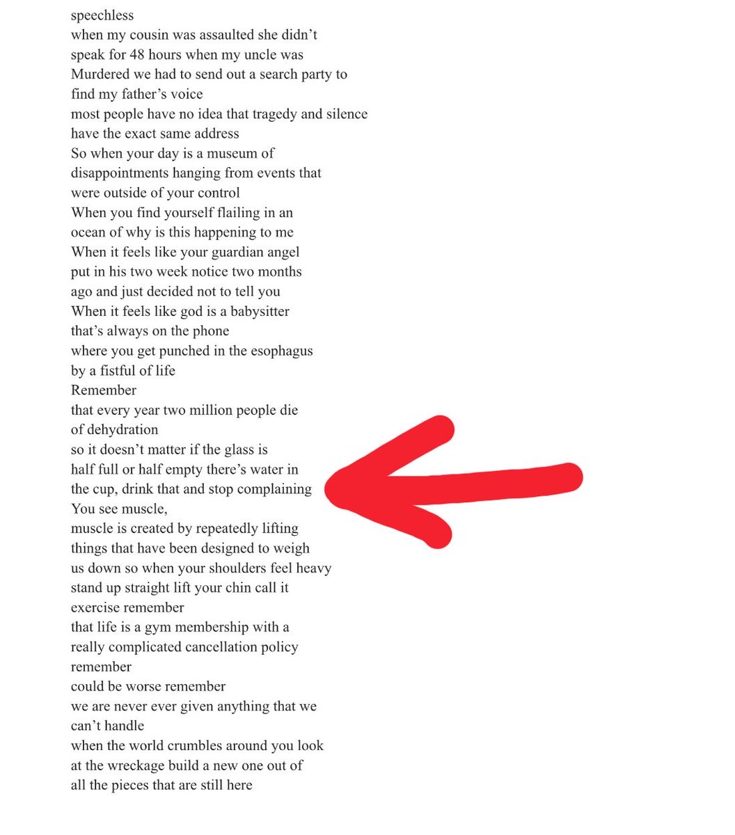 daviddashcoby's tweet photo. This poem is actually a spoken word poem, a printed copy hangs on my sister’s bathroom mirror. It changed my life and almost once a week I have to tell myself “drink the water.” https://t.co/4L7IfsQllD