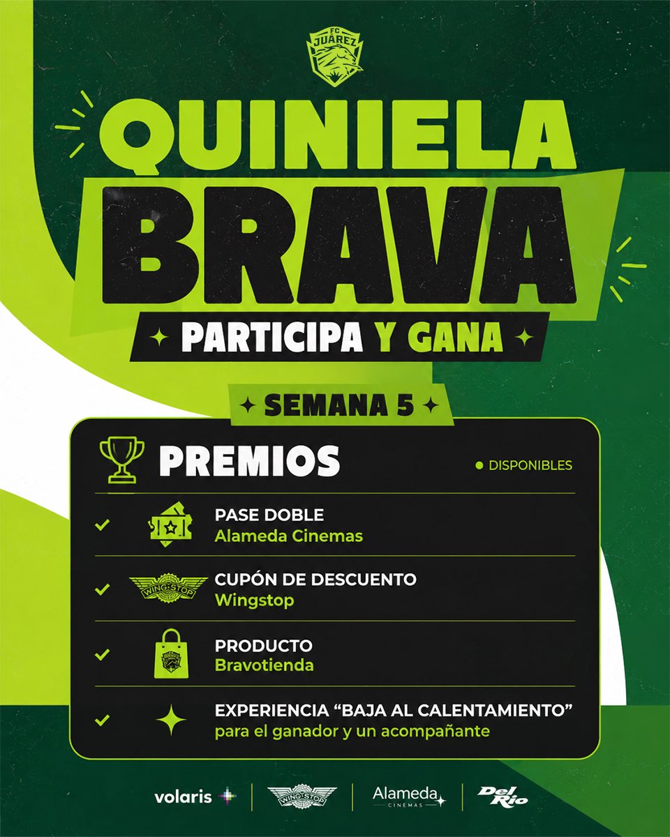 fcjuarezoficial's tweet photo. 🔥 ¡LA QUINELA BRAVA ESTÁ MÁS VIVA QUE NUNCA!

Esta Semana 5 puedes ganar:
🎬 Pase doble para Alameda Cinemas
🍗 Descuento en Wingstop
🛍️ Producto de BravoTienda
⭐ ¡Y bajar al calentamiento con un acompañante!

💥 Esta semana los puntos van al doble.

😜 Responde las preguntas quita-risas y suma hasta 2 puntos extra.

🎟️ ¿Eres abonado? Arrancas con 10 puntos de ventaja en la tabla general.

🔥 La tabla está apretadísima. Un buen pronóstico puede cambiarlo todo.

📲 Entra, participa y sigue peleando por el gran premio final.

💚🖤 https://t.co/M5eaWMFsll