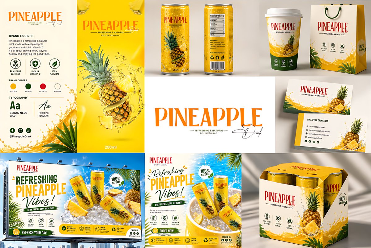 RayhanurSany's tweet photo. 🍍 PINEAPPLE DRINK BRANDING &amp; PACKAGING DESIGN 🍍

#GraphicDesign #BrandIdentity #PackagingDesign #Branding #ProductDesign #Mockup #AIAssisted #CreativeDesign https://t.co/24Ce6jiEIe