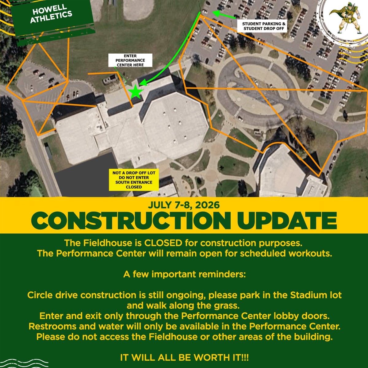 HowellAthletics's tweet photo. CONSTRUCTION UPDATE
7/6 - GBB workouts will be at the HS Fieldhouse
7/6 - GVB workouts will be at the FC (New HWMS)
7/7 - Only Weight Lifting will be at the Fieldhouse
7/8 - Only Weight Lifting will be at the Fieldhouse
All other changes will be shared via coaches.
#OneHowell https://t.co/w7Tzr6wKrC