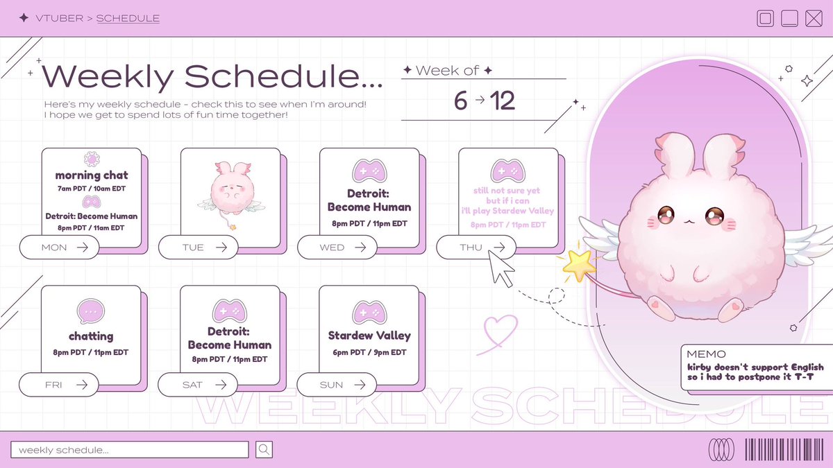 momoshiraha's tweet photo. .· ⟡ –

this weak's stream schedule 🐰🤍
꒰ 6 – 12 ꒱

★ there wont be a morning stream this Friday! sorry

– ⟡.· https://t.co/3tZE5gIeuM