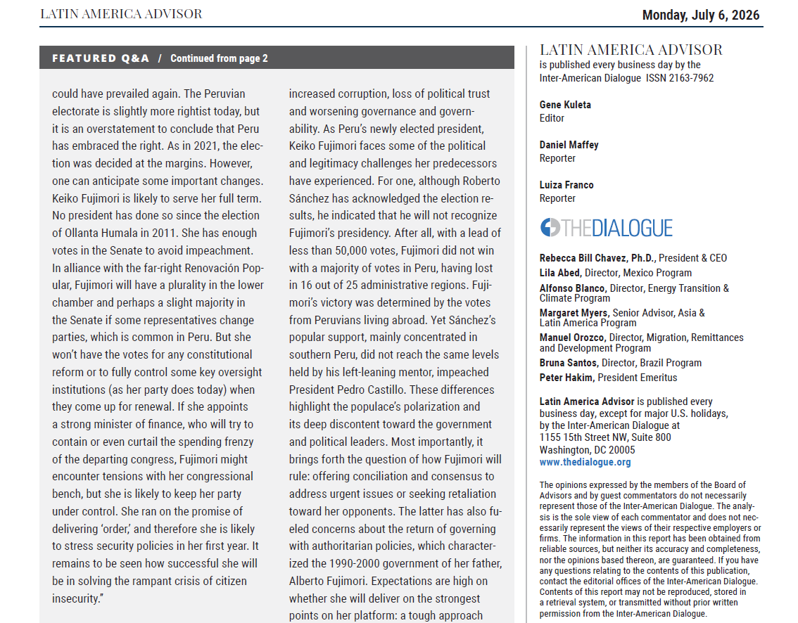 JulioFCarrion1's tweet photo. My contribution to @The_Dialogue's LAA on KF's election in #Peru. "Peru has neither dramatically changed, nor will it remain the same. [...] The Peruvian electorate is slightly more rightist today, but it is an overstatement to conclude that Peru has embraced the right" https://t.co/NDTrk3JFg9