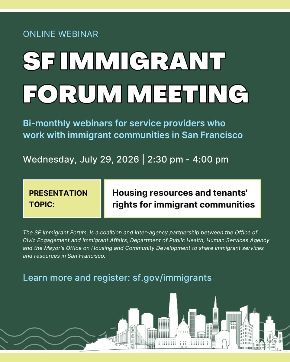 OCEIA_SF's tweet photo. Join the SF Immigrant Forum for our bi-monthly webinar for service providers who serve immigrant communities on  on Wednesday, July 29, 2026 at 2:30 pm.

RSVP and learn more at https://t.co/OWKTOq0Tlj https://t.co/lSWVPwdAOO