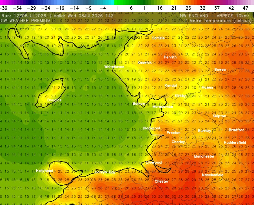 ChorleyWeather's tweet photo. 🌡️Temperatures will be on the up this week. Steadily getting to the mid to late 20's by the end of the week. Perhaps into the 30's by weekend 🥵 https://t.co/agNTvLSKZN