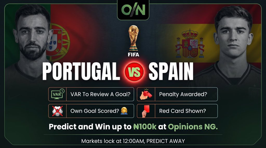 EmmanuelDimeji8's tweet photo. @TrollFootball https://t.co/QAbinodjqj
Pick Yes Or No on any World Cup Market and win up to 500k https://t.co/SFdmTB0NAN