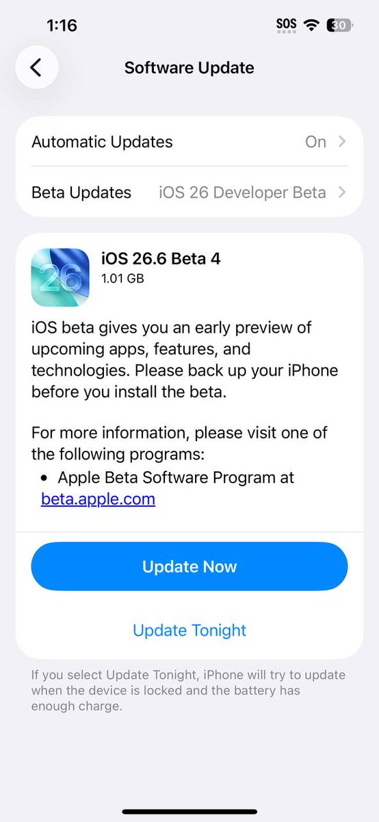 zollotech's tweet photo. iOS 26.6 Beta 4 is out https://t.co/TeqU6EeyRF