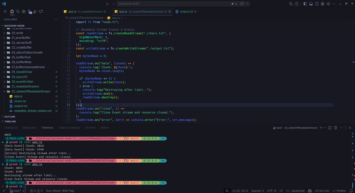 ITx_prash's tweet photo. #LSPPDay36
node ReadStreams, tested out stream states (flowing, paused..), core events (data, end, close), and flow control methods. also manually controlling byte reading and stream destruction.
@lftechnology
#60DaysOfLearning2026 #LearningWithLeapfrog https://t.co/Z13PZNBpgu