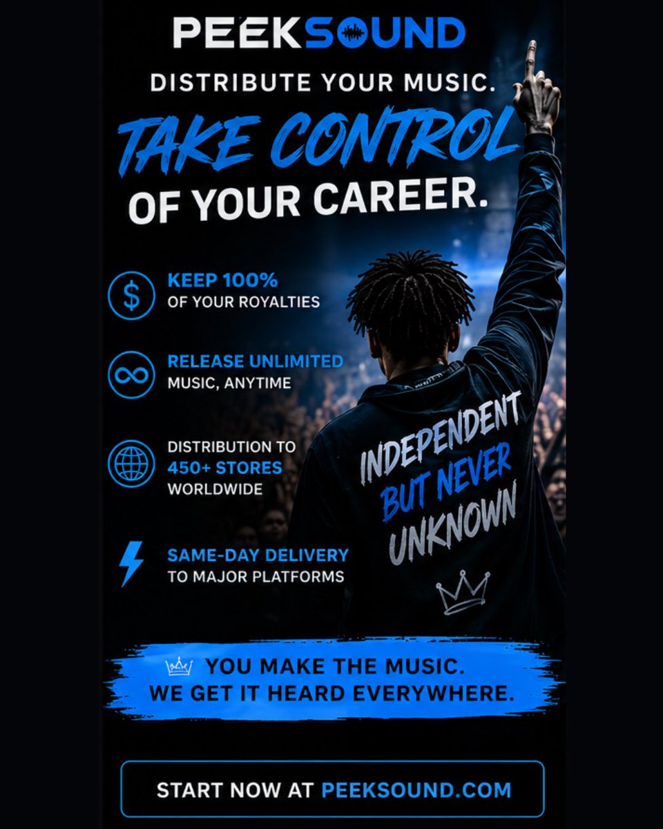 PeekSound's tweet photo. 🎵 Stop giving away your music… and your money.

Join PEEKSOUND and release your music to the world while keeping 100% of your royalties. https://t.co/70JjZXZlV1
