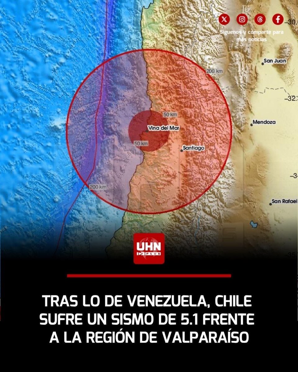 UHN_Plus's tweet photo. 🇨🇱‼️| Luego de lo vivido en Venezuela, las alarmas se prendieron en Chile tras sufrir un sismo de 5.1 en la zona central, frente a la región de Valparaíso. El movimiento telúrico duró alrededor de seis segundos y de momento se desconocen las consecuencias del mismo. https://t.co/AGXrmlYlZJ