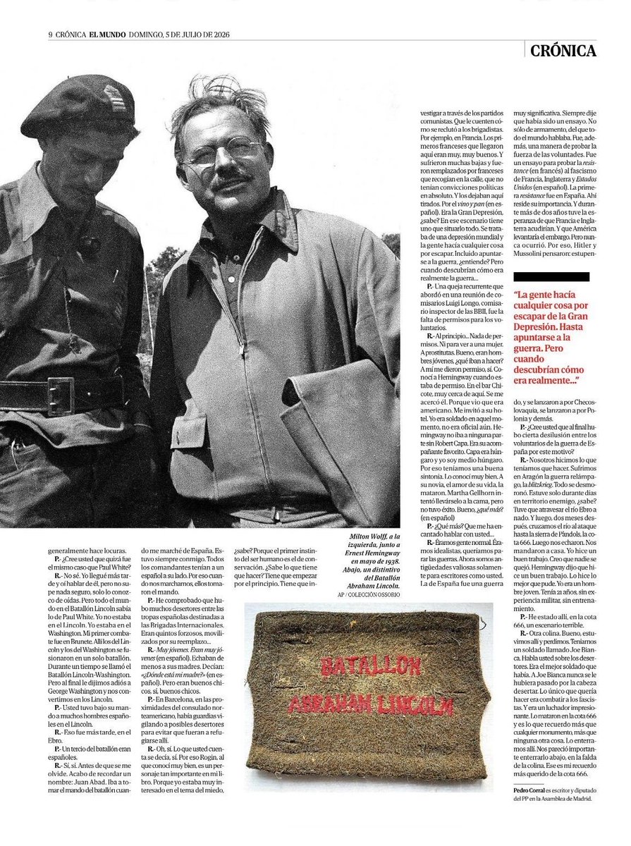 corralcpedro1's tweet photo. Ayer publiqué en @Cronica_ElMundo una vieja entrevista con el último comandante del Batallón Lincoln de las BBII, Milton Wolff (1915-2008), que utilicé en parte para mi libro “Desertores”. Me impactó q un hombre de coraje dedicara una novela a un desertor ejecutado en su unidad. https://t.co/1XdBpv3XxT