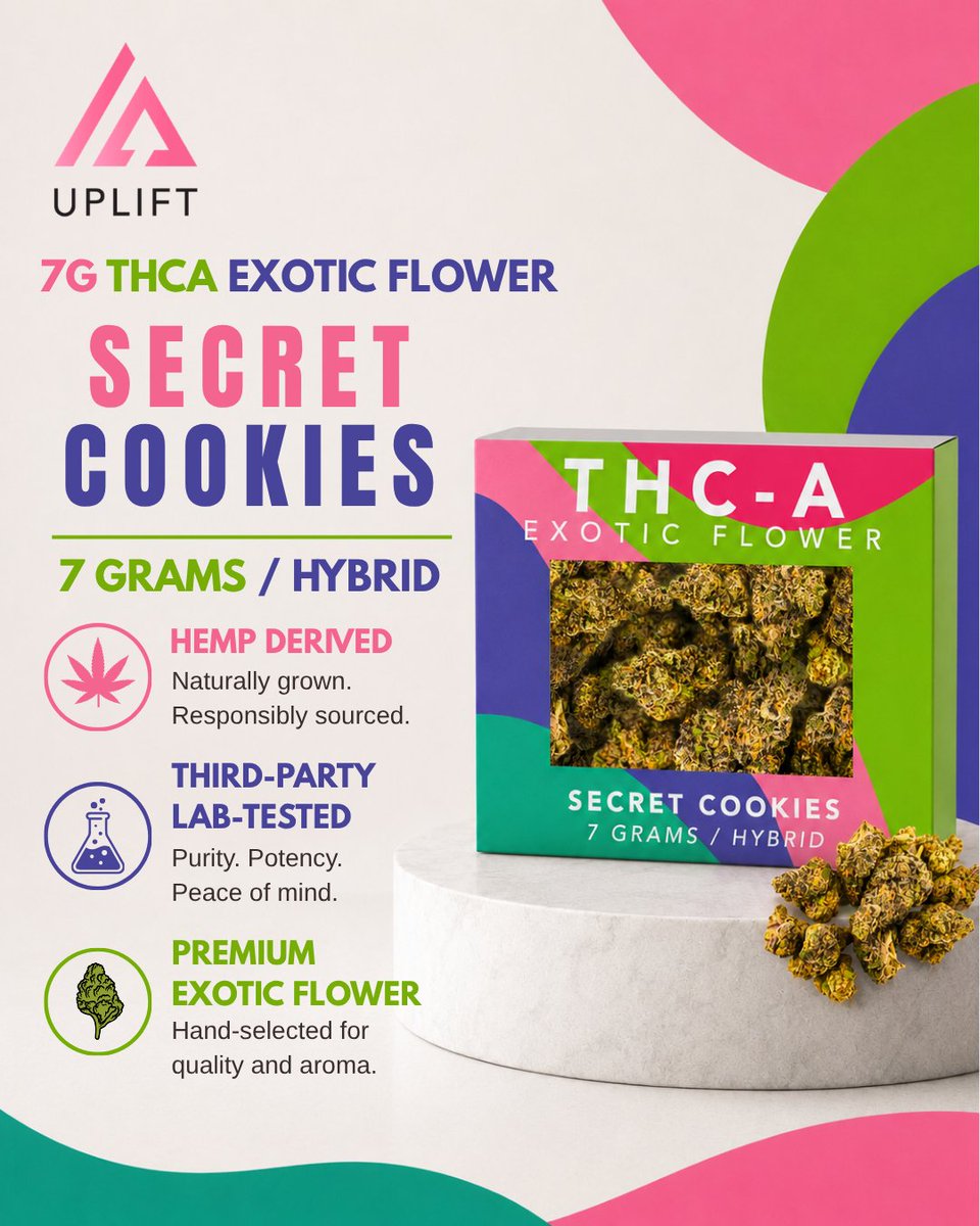 UpLiftCBDco's tweet photo. Secret Cookies spotlight ๐ช
A hybrid option from Upliftโs 7G THCA Exotic Flower lineup, designed with bold shelf appeal and a premium flower format.
Hemp-derived. Third-party lab-tested. 21+ only.
๐ฉ
#UpliftCBD #UpliftCBDCo #THCA #SecretCookies #ExoticFlower #HempDerived #LabTested