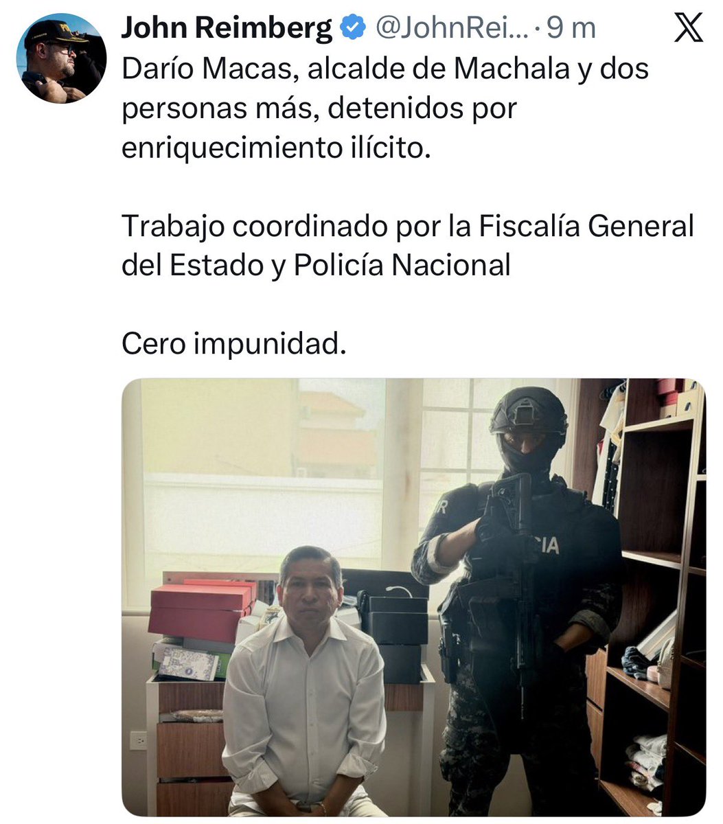 edualva36's tweet photo. #Urgente 
Mediante su cuenta de X el ministro del Interior anuncia la detención del Alcalde de Machala Darío Macas por presunto enriquecimiento ilícito https://t.co/Lw9gAvJ0KG