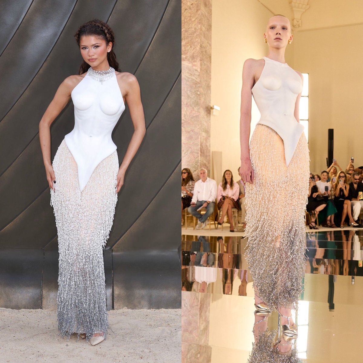KikiMioBS's tweet photo. Zendaya usando Schiaparelli FW26 Couture pelando de recém-desfilado na passarela na estreia de #Odyssey em Londres https://t.co/XqgXqGSSaA
