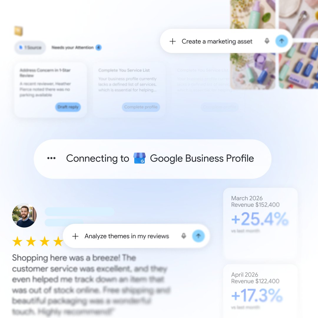 GeminiApp's tweet photo. Save time and grow your business by connecting your Google Business Profile directly to Gemini or adding it to a business notebook. 

See how these new updates transform Gemini into a partner that deeply understands your brand and helps you get more done. 🧵
