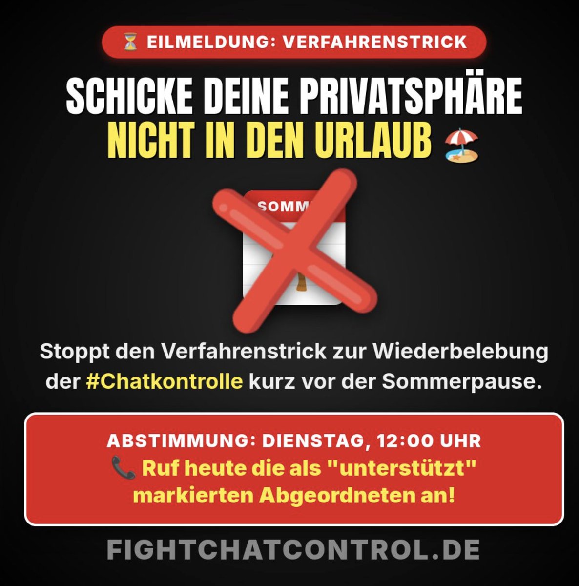 JoanaCotar's tweet photo. Chatkontrolle - sie geben nicht auf 🤬

Der Ministerrat der EU will die freiwillige Chatkontrolle wieder einführen - und will dabei das Parlament austricksen.

"Der Entwurf soll im Rahmen eines Dringlichkeitsverfahrens bereits am Dienstag auf die Tagesordnung des Parlaments gedrückt werden – unmittelbar vor Beginn der Sommerpause. 

Sollte das Plenum dem beschleunigten Verfahren zustimmen, droht eine Abstimmung am letzten Sitzungstag vor den Ferien, an dem erfahrungsgemäß viele Abgeordnete bereits abgereist sind. 

Erschwerend kommt hinzu, dass sich das Verfahren schon in der 2. Lesung befindet. In diesem Stadium kann der Standpunkt des Rates nur noch gestoppt oder durch Änderungsanträge modifiziert werden, wenn eine absolute Mehrheit der Volksvertreter dagegen stimmt. Eine Hürde, die in der Praxis kurz vor der Sommerpause als kaum überwindbar gilt."

Quelle: Heise

Handeln! 
-> https://t.co/73YB1E7CXt <-