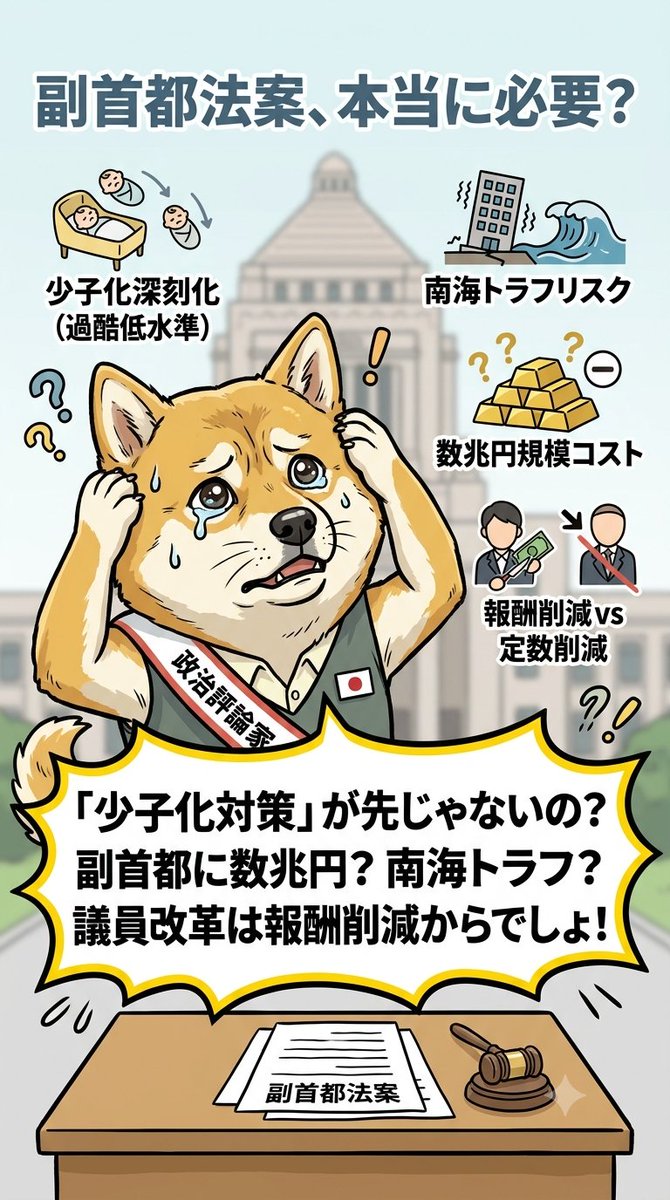 Cima_1993's tweet photo. 副首都法案、

今の日本に本当に必要？

少子化が過去最低水準で深刻化
する中、副首都法案が国会で
議論されています。

大阪立地による南海トラフ地震
のリスクや、数兆円規模の潜在
的コストが指摘される一方、

議員改革では

『定数削減より
　報酬削減を優先すべき』

と言う現実的な意見もあります

財政・防災・政治改革の

優先順位、

どう考えるべきでしょうか？

貴方は、少子化対策を最優先に

すべきだと思いますか？

それとも副首都構想を

進めるべきですか？