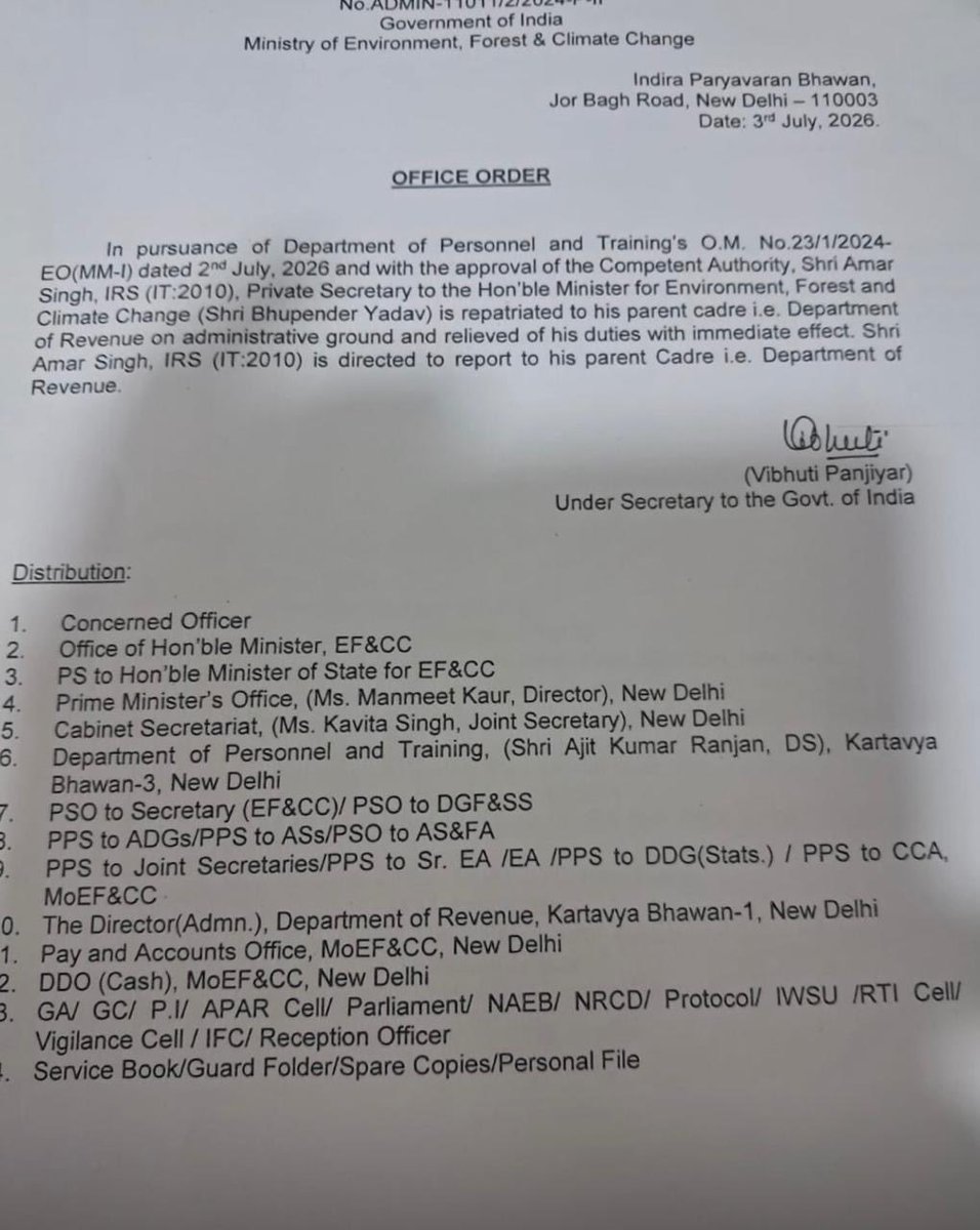 capt_ivane's tweet photo. PS and Two APS- Additional Private Secretary of @moefcc Bhupendra Yadav sacked abruptly. https://t.co/RKCMjct1jN