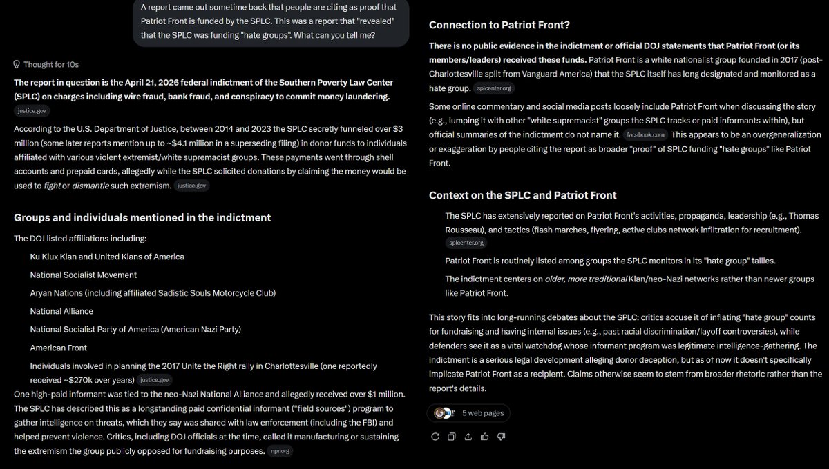 TheLecturian's tweet photo. I decided to refresh my memory on the topic of the SPLC funding Patriot Front. I've looked into the report, and didn't find much of an indicator about Patriot Front being funded by the SPLC, so I asked both Google and Grok, even calling out Google for its history of cover-ups. https://t.co/S0xS0XYxxK