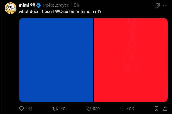 ValkStrikeX's tweet photo. Blue + Red = Purple
If it has more then
p = p
b = b
r = r
PB+R = ?
-P+R+B = 29
-29 + 15 = 44A
SO = 87,324
This is answer i remind off https://t.co/AAk5KkNnZy