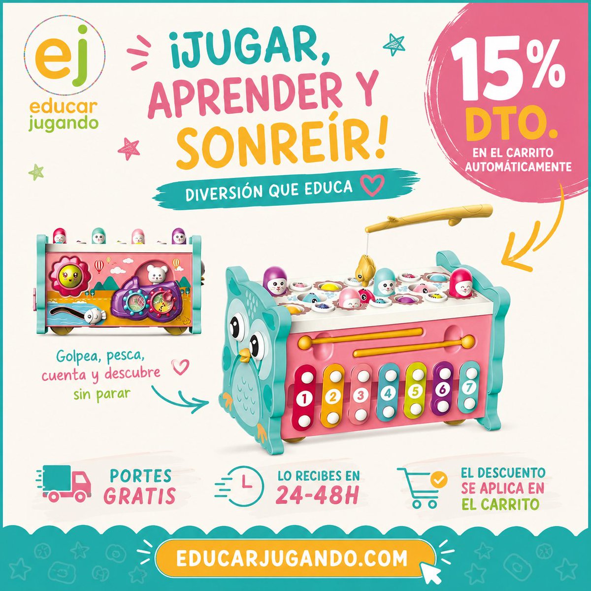 educarjugandoes's tweet photo. 🦉 Un juguete, cientos de momentos de aprendizaje.
🎉 15% de descuento automático
🚚 Portes GRATIS
📦 Entrega en 24-48h
🎣 Pesca, golpea, cuenta y aprende mientras se divierten.
🛒 https://t.co/8YcgZ1lziu
#JuguetesEducativos #Montessori #Oferta #AprenderJugando #EducarJugando https://t.co/3JjqXvqvo8