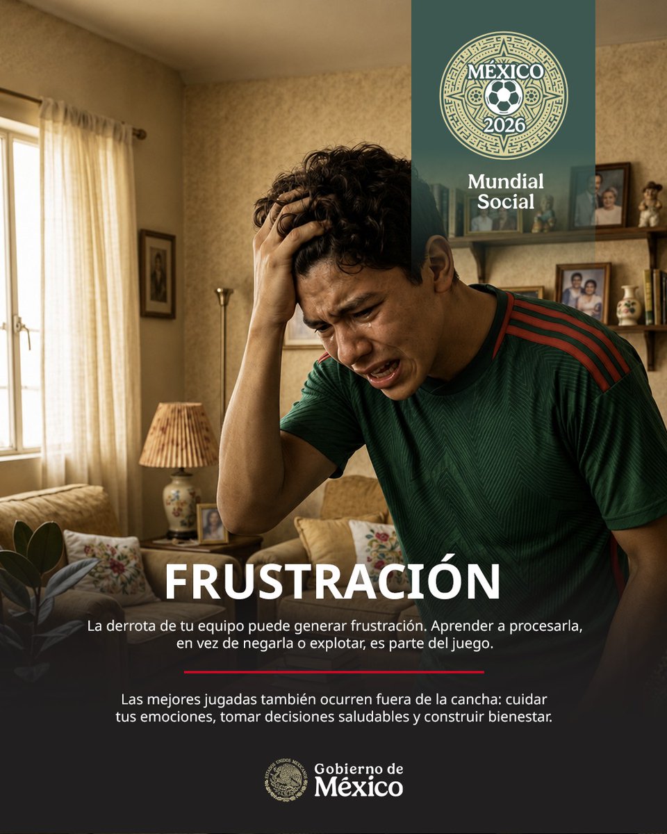 conasamamx's tweet photo. México 2026 I Mundial Social ⚽️💔

La derrota de tu equipo cala, y sentir frustración es completamente normal. Lo importante es aprender a manejarla sin negarla ni explotar. 

Vivir el fútbol con madurez y cuidar tus emociones también es parte del juego. 🧠✨

#CONASAMA #SaludMental #MundialSocial