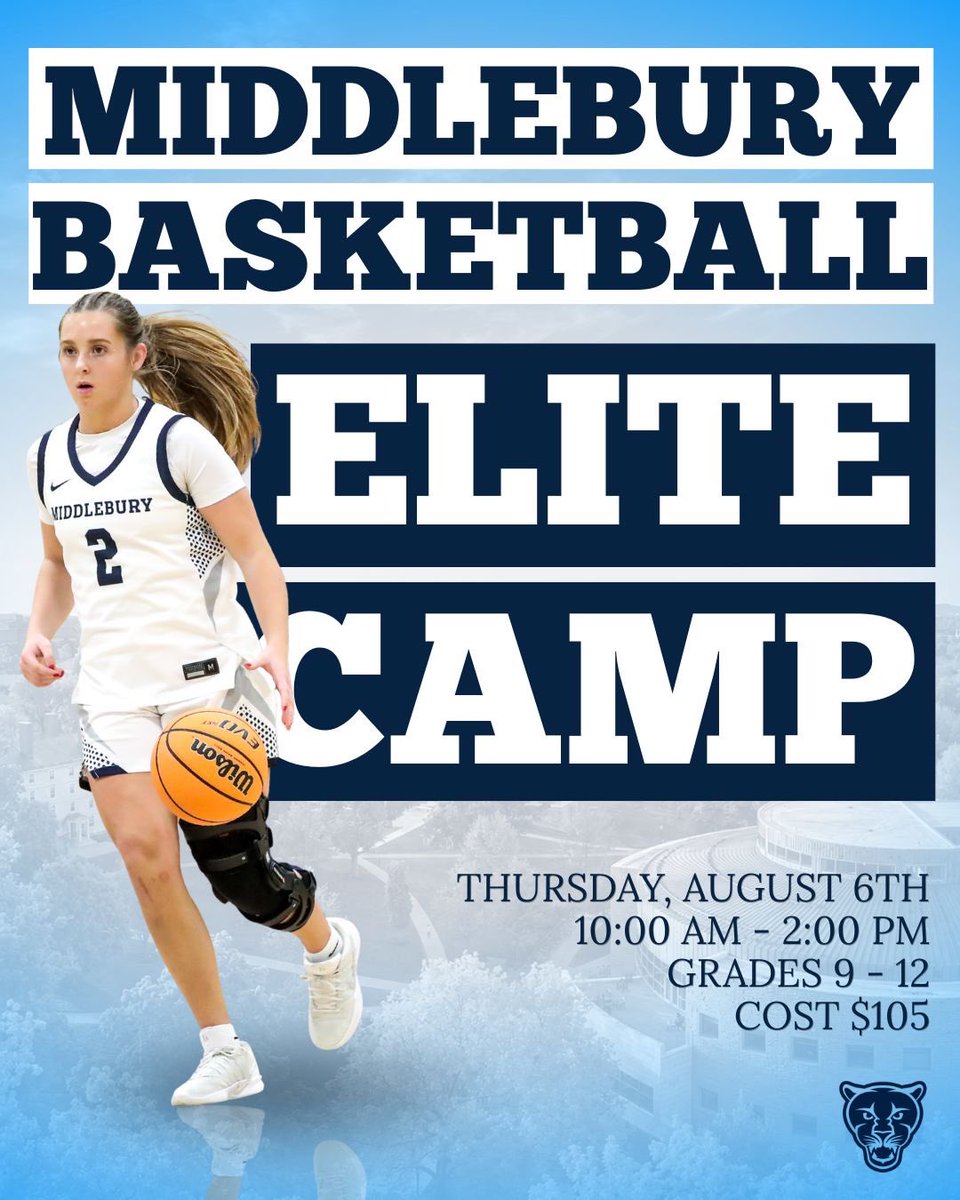 middwbball's tweet photo. Middlebury Women’s Basketball Elite Camp will take place on August 6th🐾.

Link to sign-up: https://t.co/NY1VqPZGcV https://t.co/0N3b1v6apI