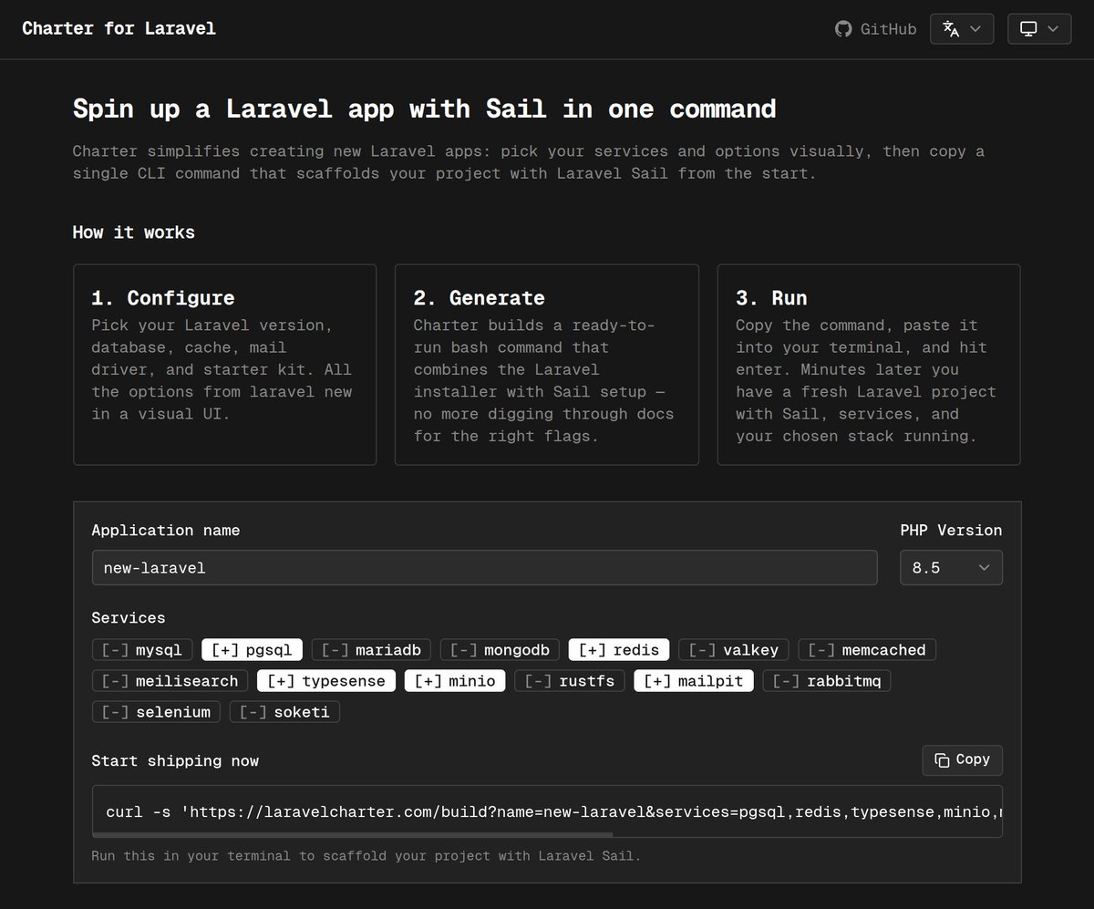 wilsenhc's tweet photo. Launching Charter for Laravel 🚢

Setting up a new Laravel Sail project shouldn't require memorizing every flag across laravel new and sail:install. Charter is a free, open-source web tool that replaces terminal gymnastics with a visual builder. https://t.co/rnjRp45EwL