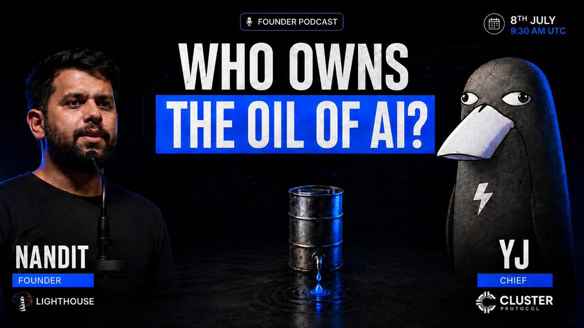 ClusterProtocol's tweet photo. Who owns the oil of AI? 

Everyone talks about AI models.

Fewer people talk about where the data lives, who controls access to it, and whether it survives long enough to matter. 

Be ready for Founder’s Cut by @depindaddy, Chief @ClusterProtocol as he sits down with @nanditmehra, Founder @LighthouseWeb3 to discuss all of it. 
 
8th July, 9:30 AM UTC.
Live on X.