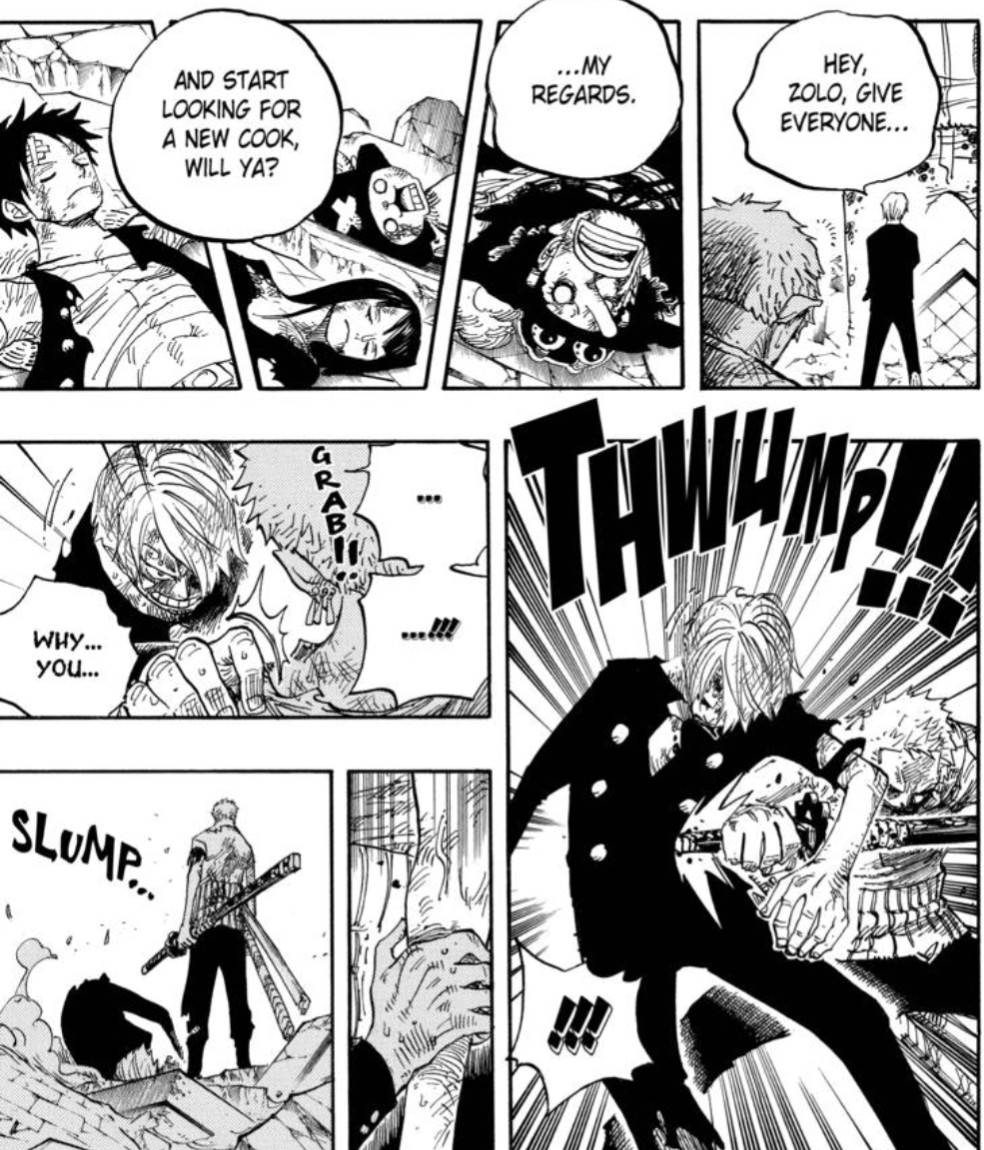 MelonTeee's tweet photo. man why do ppl genuinely refuse to believe Zoro can actually read and understand Sanji 😭 Gaban picked Sanji hated himself and he didn't even KNOW him. Do we all think it's just a coincidence Zoro takes Sanji out DIRECTLY after Sanji tells Zoro to find another cook? omfg https://t.co/plnJoYdZ8Q